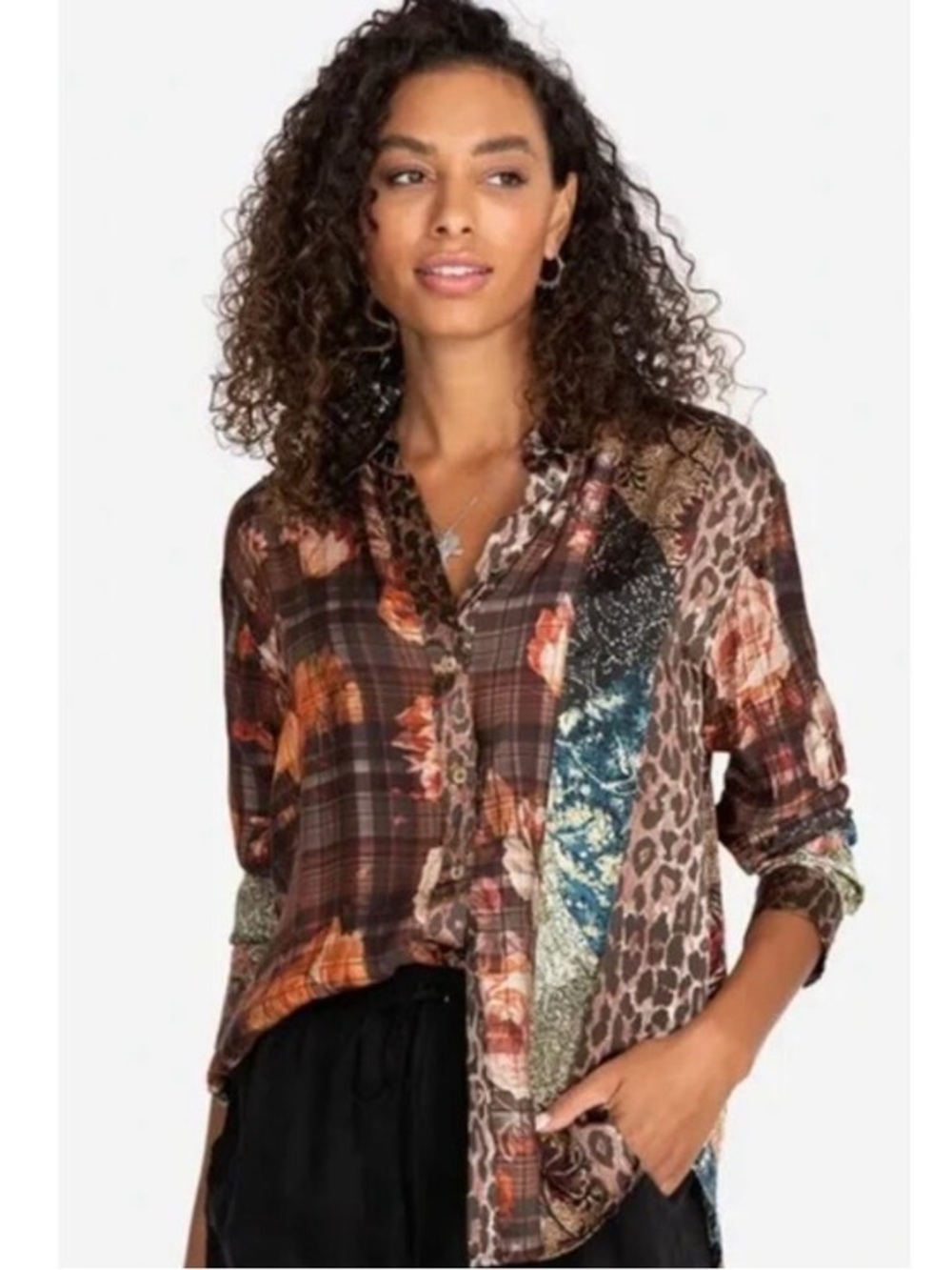 Johnny Was Octave Floral Print Patchwork Mix Blouse Top Silk, XL, Boho Chic